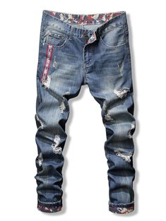 Letter Print Distressed Zip Fly Jeans - Blue - 3480627013 - Men's Clothing, Men's Bottoms, Men's Jeans  #MensJeans #Men's #Clothing # #Men's #Bottoms # #Men's #Jeans Men's Bottoms, Cheap Mens Fashion, Destroyed Jeans, Mens Clothes, Pencil Pants, Straight Pants, Online Clothing Stores, Casual Jeans, Mens Fashion Casual