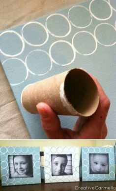 a hand holding a roll of toilet paper over a photo frame with three pictures on it