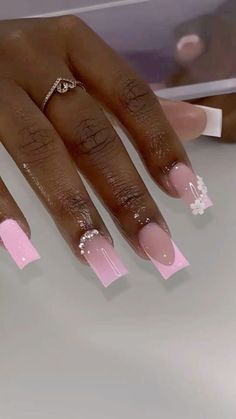 Classy Freestyle Nails, Nail Inspo 11-12, Light Pink Nails Birthday, Birthday Nail Set Ideas Pink, Nails For 13th Birthday, Diamond French Tip Nails, Mid Nails, Nail Inspo With Charms, Short Prom Nails Acrylic