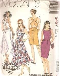 three women's dresses and one woman's purse are shown in this sewing pattern