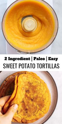 two images showing how to make sweet potato tortillas in a food processor or blender