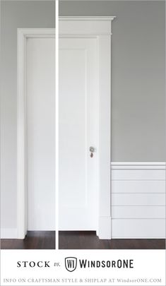 two white doors with the words stock for windstorme on them in front of an empty room