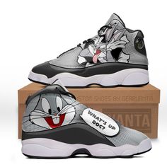 Bugs Bunny J13 Sneakers Custom Comic Style Shoes-Gear Wanta Bunny Shoes, Jordan 13 Shoes, Cartoon Shoes, Shoe Tags, Comic Style, Jordan 13, Bugs Bunny, Comic Styles, Dinosaur Print