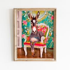 a painting of a donkey sitting on a chair