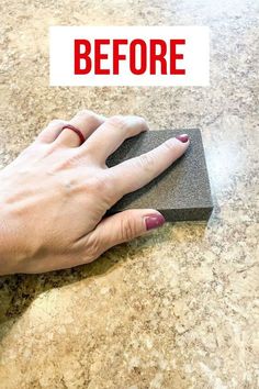 a woman's hand on top of a sponge with the words before