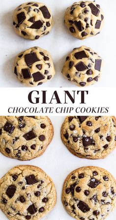 giant chocolate chip cookies on a baking sheet with text overlay that reads giant chocolate chip cookies