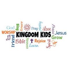 the word kingdom kids written in many different languages and colors on a white background with words below it