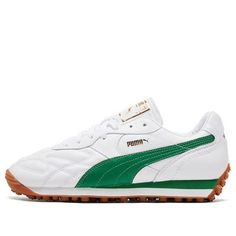 The PUMA Style Avanti 'White Verdant Green' sneaker is a perfect blend of sporty and casual style. Inspired by the look of football boots, this sneaker features a textured leather upper for a layered look. The rubber sole ensures comfort and durability. This classic silhouette is perfect for any activity and is sure to make a statement. The Style Avanti series was first introduced in 1998 in collaboration with world-renowned designer Jil Sander. (SNKR/Unisex) Verdant Green, Green Sneakers, Puma Suede, Puma Sneakers, Football Boots, Mens Fashion Shoes, Classic Silhouette, Sneakers Shoes, Jil Sander