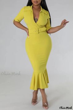 Olivia Mark - Ladies Chic Solid-Colored V-Neck Trumpet-Style Mermaid Dress with Flounce Hem and Accentuated Belt Fitted V-neck Belted Midi Dress, Fitted Belted V-neck Midi Dress, Spring V-neck Fitted Belted Dress, Spring Fitted Belted V-neck Dress, Spring Fitted V-neck Dress With Belt, Fitted Yellow Belted Dress, Fitted Yellow V-neck Midi Dress, Fitted Knee-length Belted V-neck Dress, Bodycon Midi Dresses