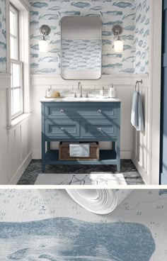 this bathroom has blue and white wallpaper on the walls, along with an ocean theme