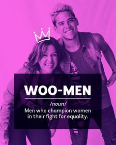 two people standing next to each other with the words woo - men in front of them