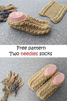 crocheted slippers and socks with text overlay that says free pattern two needles socks