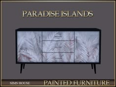 the sideboard has palm leaves on it and is painted in white, black, and gold