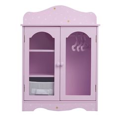 a pink toy cabinet with two doors and shelves on the front, one door open