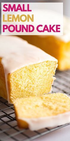 a loaf of lemon pound cake sitting on top of a cooling rack with frosting