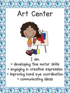 an art center poster with the words, i am developing fine motor skills engaging in creative expression involving hand - eye coordination