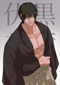 an anime character with black hair wearing a kimono and holding his hands in his pockets