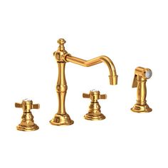 a gold faucet with three handles and two sprayers on each side,