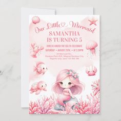 the little mermaid is turning 5 birthday card with pink watercolors and sea animals