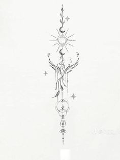 a drawing of an angel with stars and moon on it's back side is shown in black ink