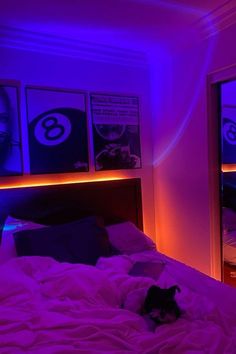 a cat laying on top of a bed in a room with purple lights and posters