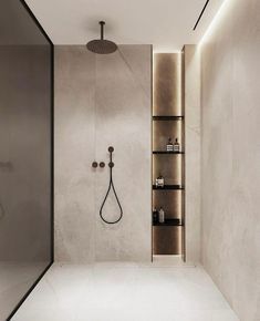 a bathroom with a walk in shower next to a shelf