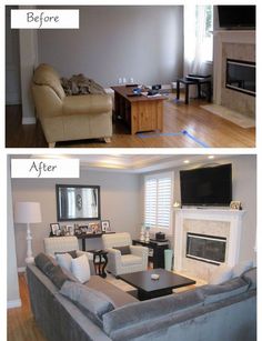 before and after pictures of a living room with couches, coffee table, fireplace