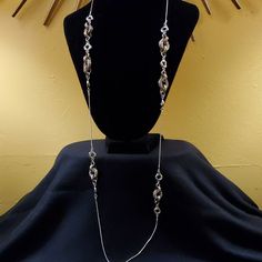 Nwot - 34"L Elegant Lariat Necklace With Silver Chain And Gold Color, Elegant Beaded Chain Metal Necklace, Elegant Necklace With Silver Chain, Elegant Necklaces With Silver Chain, Silver Necklace With Delicate Chain For Evening, Long Silver Chain Necklace, Formal Crystal Rhinestone Necklace With Chain, Elegant Long Necklace With Rhinestones, Elegant Long Rhinestone Necklace