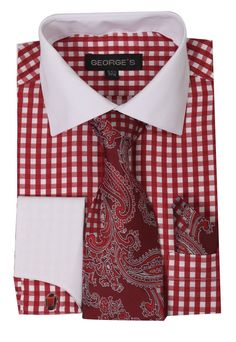 Classic fit, spread collar shirt 60%Cotton 40%Polyester Fabric Blend High Fashion Dress Shirt Matching Tie & Hanky Included French Cuff Cat eyes cuff Link  Milano Moda Men Shirts Red Outfit Men, Mens Fashion Dress Shirts, Shirt Tie Combo, Men Dress Shirt, Dress Shirt Men, Mens Dress Outfits, French Cuff Dress Shirts, Red Shirt Dress, Dress Shirt And Tie