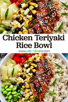 chicken teriyaki rice bowl with corn and green beans