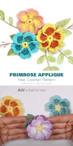 crochet flower applique is shown in three different colors and sizes, with the words primrose applique above it