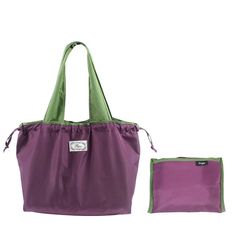 a purple and green tote bag next to it's matching pouch