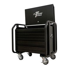 a black rolling tool box with wheels and an extra storage compartment on the back side