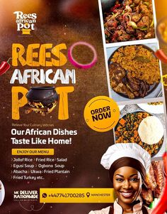 an advertisement for a restaurant called regs african pot, with pictures of different dishes