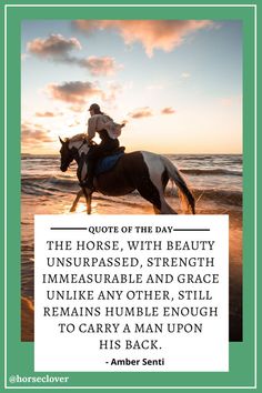 a man riding on the back of a horse next to the ocean with an inspirational quote