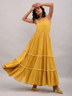 Yellow Cotton Maxi Dress By The Neem Tree now available at Trendroots Cheap Yellow Dresses With Button Closure, Southern Summer Dresses, Yellow Fits, Maxi Dress Outfit, Cotton Maxi Dress, Cotton Maxi, Maxi Dress Cotton, Dress With Tie, Tiered Maxi Dress