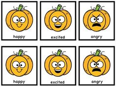 four different pumpkins with faces and words that say happy, angry, excited, excited