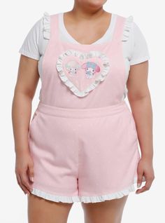 Get ready to look like an absolute sweetheart with these Sanrio besties! These polka dot pink shortalls feature an embroidered patch of My Melody and My Sweet Piano on the bib  with a ruffle heart around them. There are also matching ruffles on the adjustable button straps and at the legs. Comes with heart-shaped back pockets.Please note: Style is fitted with no stretch; size up for a looser fit.80% polyester; 18% rayon; 2% spandexWash cold; dry lowAdjustable strapsImportedModel is 5'10"Model we Sanrio Besties, Plus Size Kawaii Fashion, Pink Alternative Fashion, My Sweet Piano, Plus Size Kawaii, Hot Topic Clothes, Kawaii Sweater, Disney Valentines, Tall Hoodies