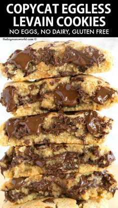 chocolate chip cookies stacked on top of each other with text overlay that reads copycat eggless levii cookies no eggs, no dairy gluten free