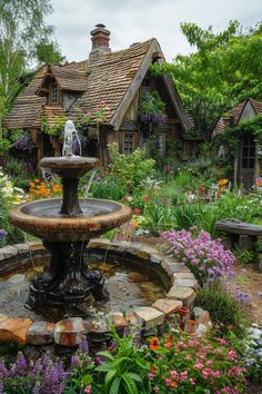 a garden with flowers and a fountain in front of a house that is surrounded by greenery