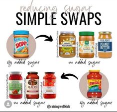 the steps to making simple sugar swaps are shown in this graphic, which includes jars and