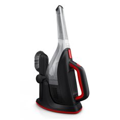 a black and red steam iron on a white background