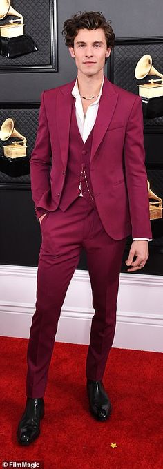 a man in a purple suit and white shirt on the red carpet at an awards event