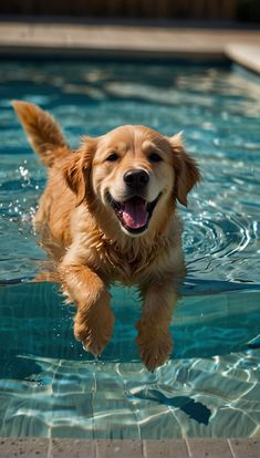 a golden retriever swimming in a pool with his tongue out