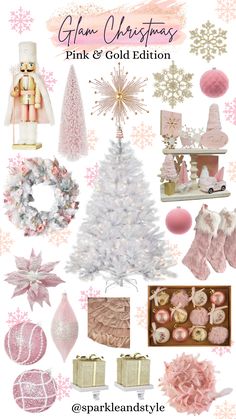 a pink and gold christmas tree surrounded by other items