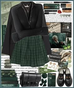 Slytherin Dark Academia Outfits, Deep Green Outfit Aesthetic, Slytherin Academia Outfit, Green And Black Outfits For Women, Green Academia Aesthetic Outfits, Green Dark Academia Outfit, Green Peacoat Outfit, Slytherin Outfit Casual, Slytherin Clothes Aesthetic