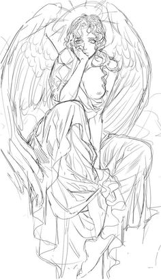 a drawing of an angel sitting on top of a tree