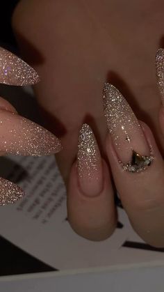 Prom Nail Aesthetic, Cute Shiny Nails, Almond Nail Glitter Ombre, Glitter Ombré Nail, Long Almond Glitter Nails, Glitter French Tips Stilleto, Champagne Silver Nails, Long Almond Nails Sparkle, Pink And White Ombre Nails Sparkle Almond