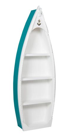 a white and blue boat shaped shelf with shelves