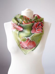 Poppy silk scarf is a striking hand painted square scarves made with natural silk. Featuring a beautiful group of poppies on a green background, this versatile scarf is both romantic and elegant. Size: -22 x 22 in ( 55 x 55 cm) IN THE PICTURES -34 by 34 in (88 by 88 cm) Silk: 100% natural Habotai Light (delicate, semi - transparent and a bit glossy) Delicate yet eye-catching, this beautiful silk scarves is perfect gift for every woman. Flowers are stylized in Art-Nouveau style. Great gift for Mo Green Floral Print Scarves As Gift, Green Floral Print Scarf For Gift, Artistic Green Silk Scarf With Floral Print, Square Silk Scarf, Natural Silk, Silk Painting, Poppy Flower, Red Poppies, Silk Scarves